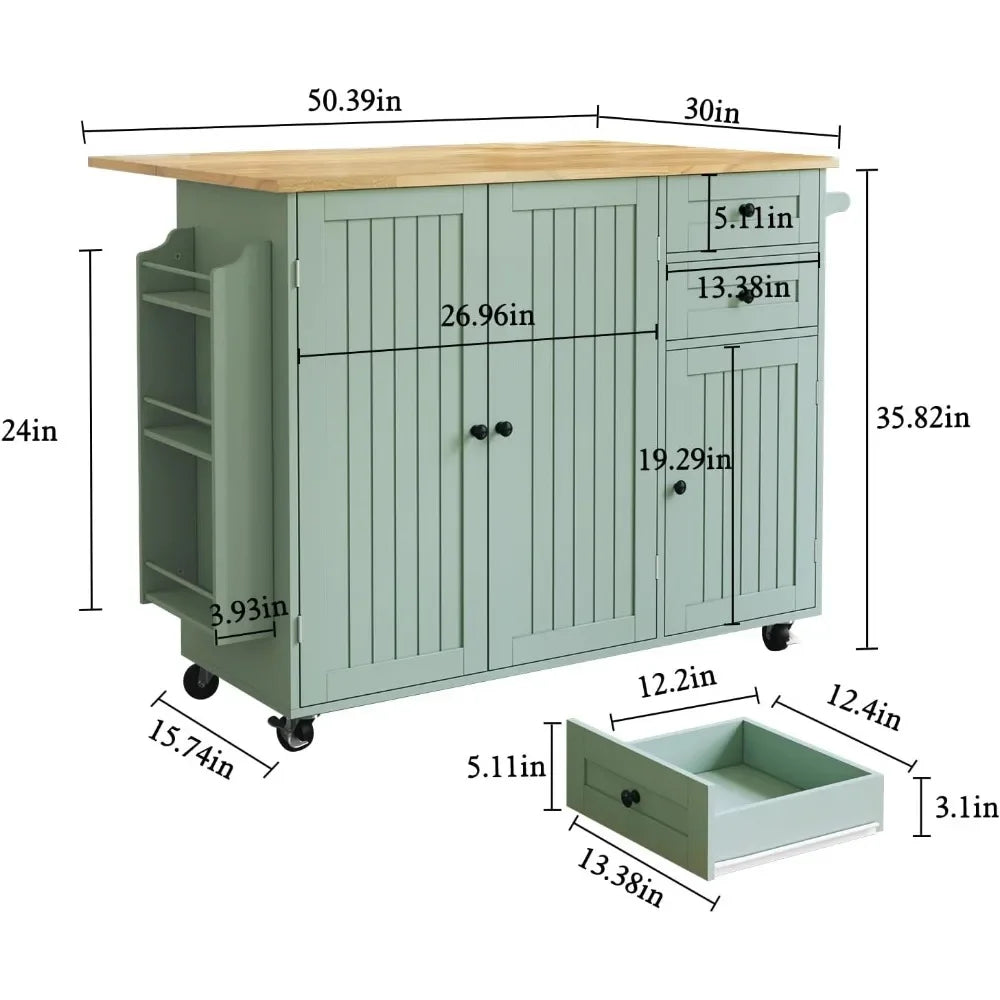 Rolling Kitchen Island with Storage Drop-Leaf Bar Countertop Modern Style