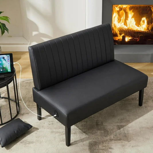 Ljustra Mini Black Leather Armless Loveseat Sofa with USB Port