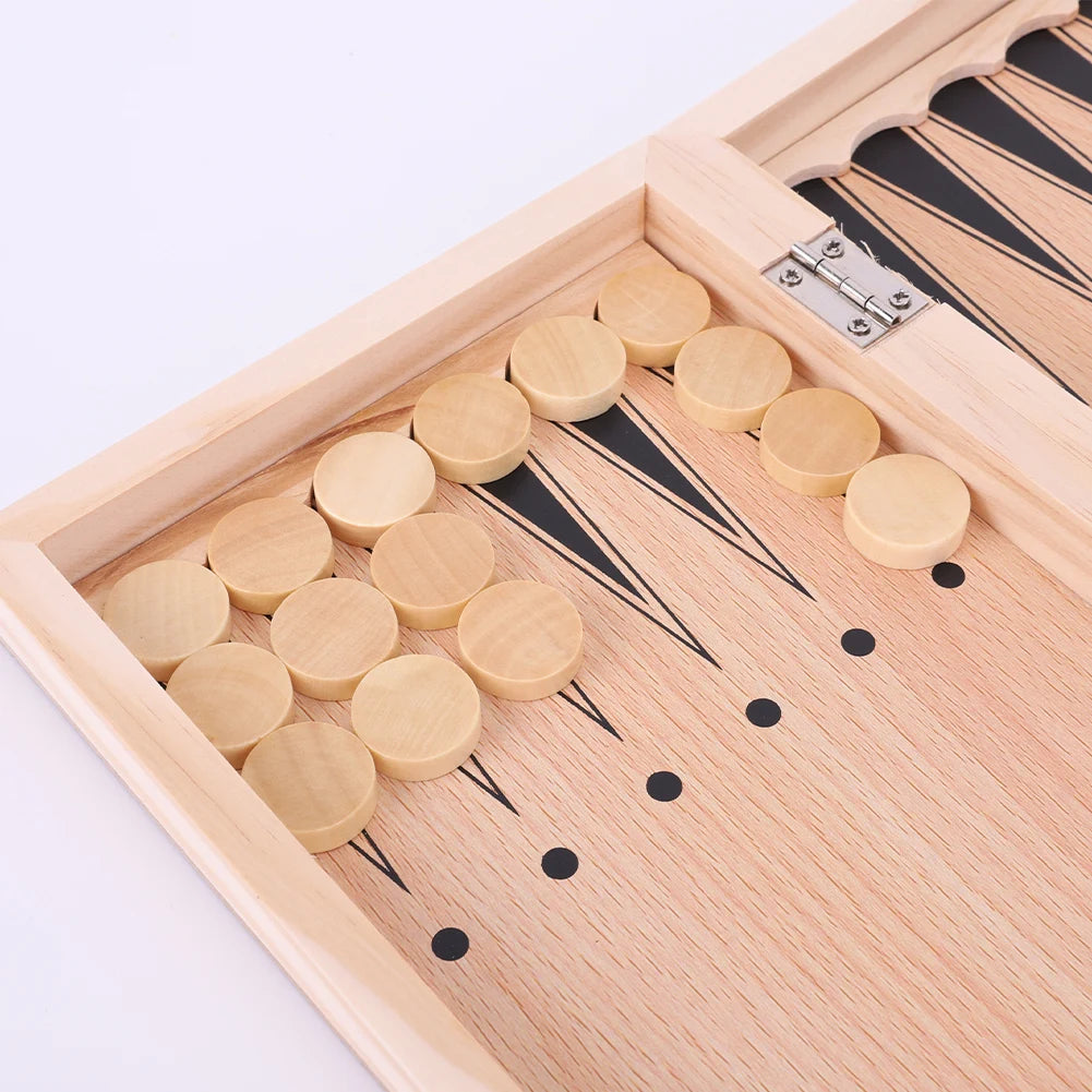 3 in 1 Chess Checkers Backgammon Wooden Game Set for Kids and Adults