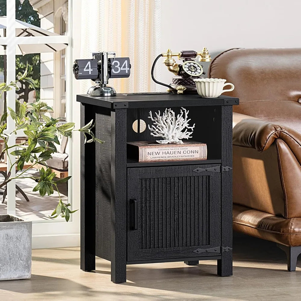 18 Inch Farmhouse Nightstand with Charging Station USB Ports Rustic Table