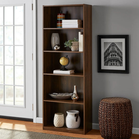 5 Shelf Bookcase Adjustable Shelves Sturdy Canyon Walnut Storage