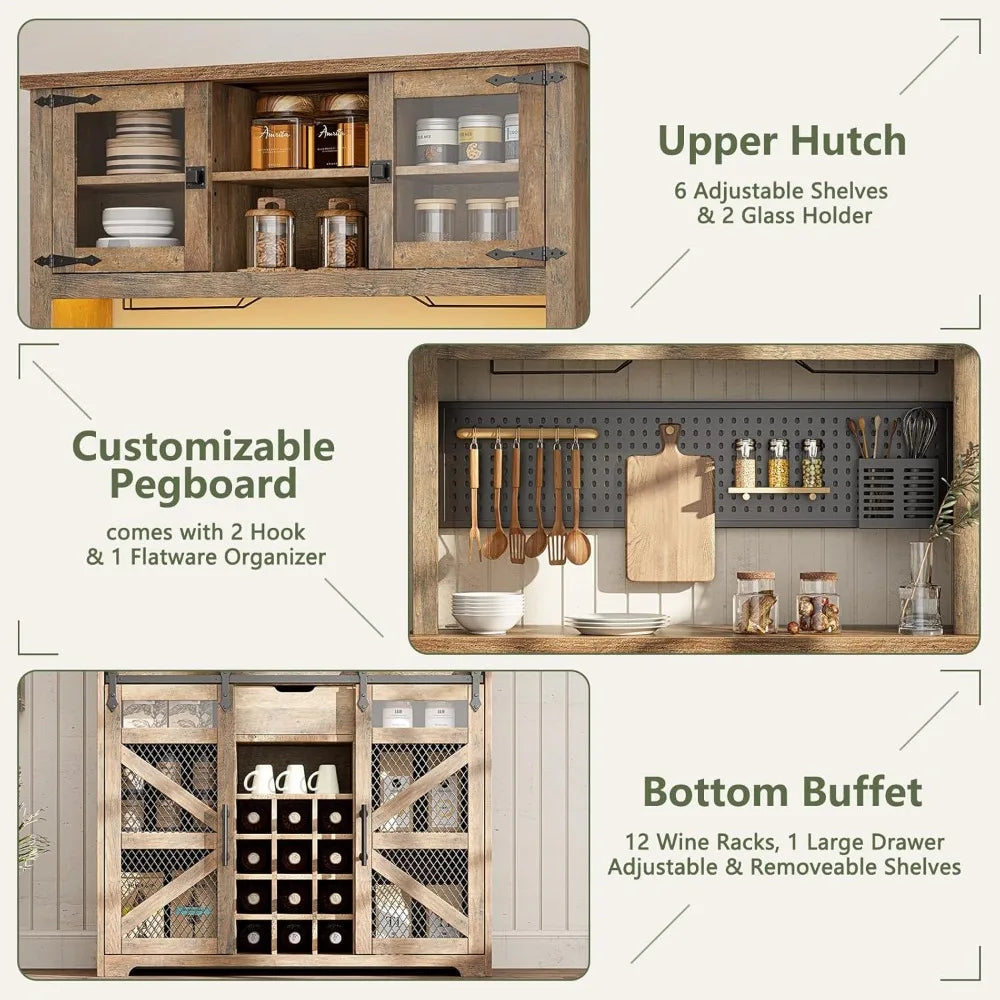 Kitchen Buffet Cabinet Coffee Bar with Power Outlet LED Light Storage