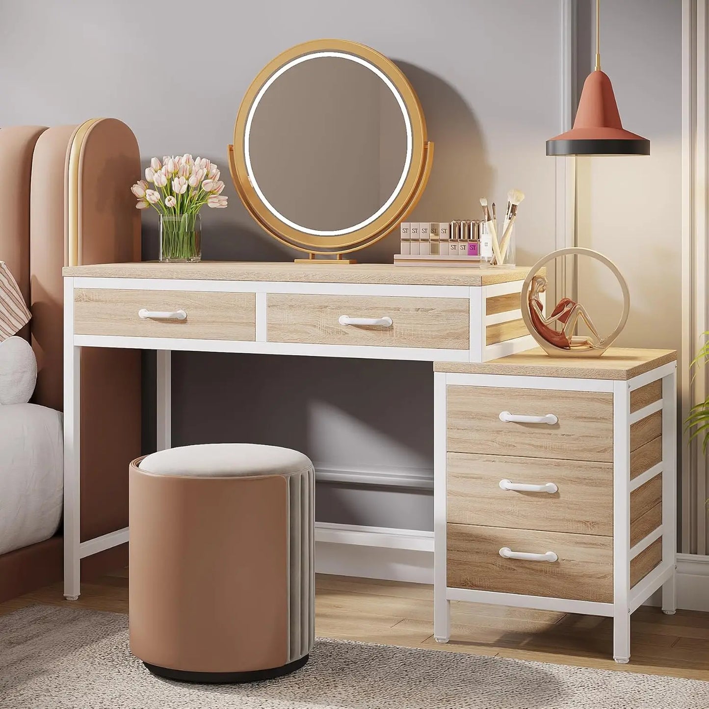 Ljustra Vanity Desk with 5 Drawers Dressing Table Makeup Table Walnut