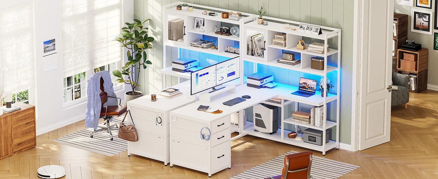 L Shaped Computer Desk with 3 Drawers and Bookshelf for Home Office
