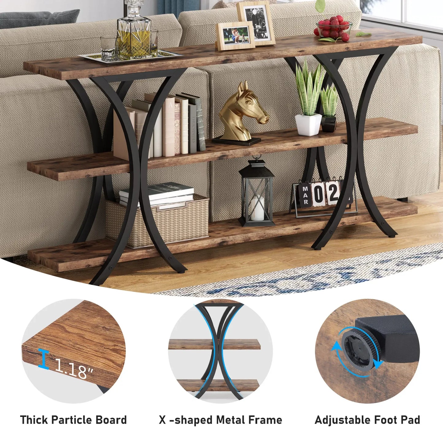 Ljustra 70.8 Inch Narrow Console Table Long Entry Table with 3 Shelves