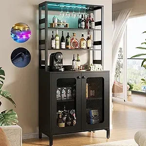 Bar Cabinet with Power Outlets LED Lights Wine Storage 67" Tall