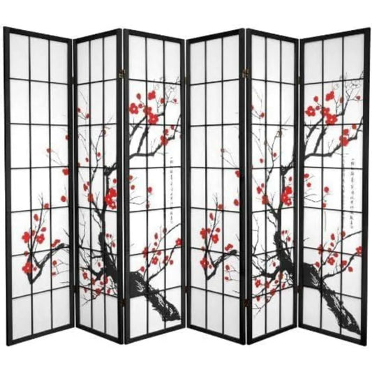 BlossomView Japanese Room Divider 6 Panel Plum Motifs Modern Privacy Screen