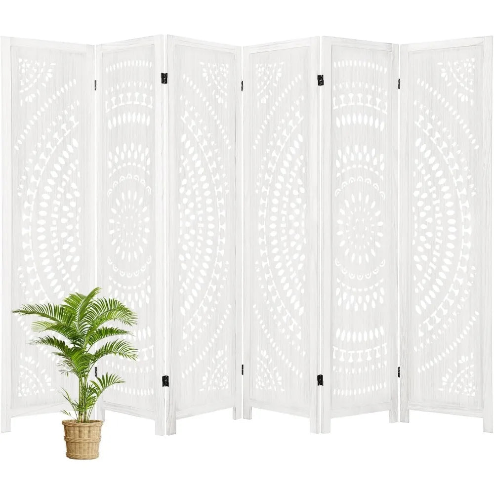 Folding Wood Carved Privacy Screen Room Divider 66.9Inch Freestanding