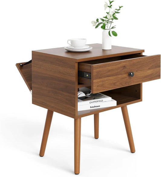 Hidden Compartment Nightstand Mid Century Modern Bedside Table Storage