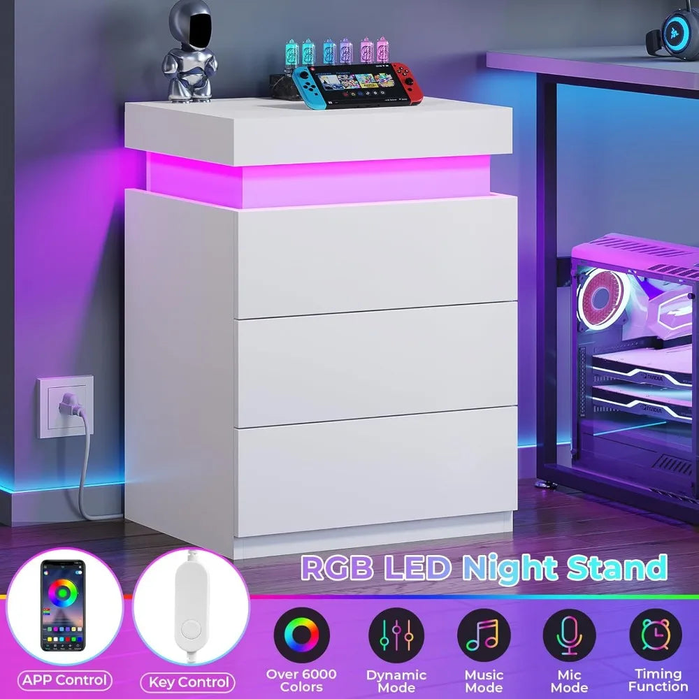 LED Nightstands Set of 2 with Charging Station and RGB Lights Modern