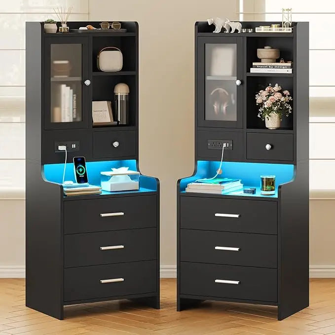Black Night Stand Set of 2 with Charging Station and LED Lights