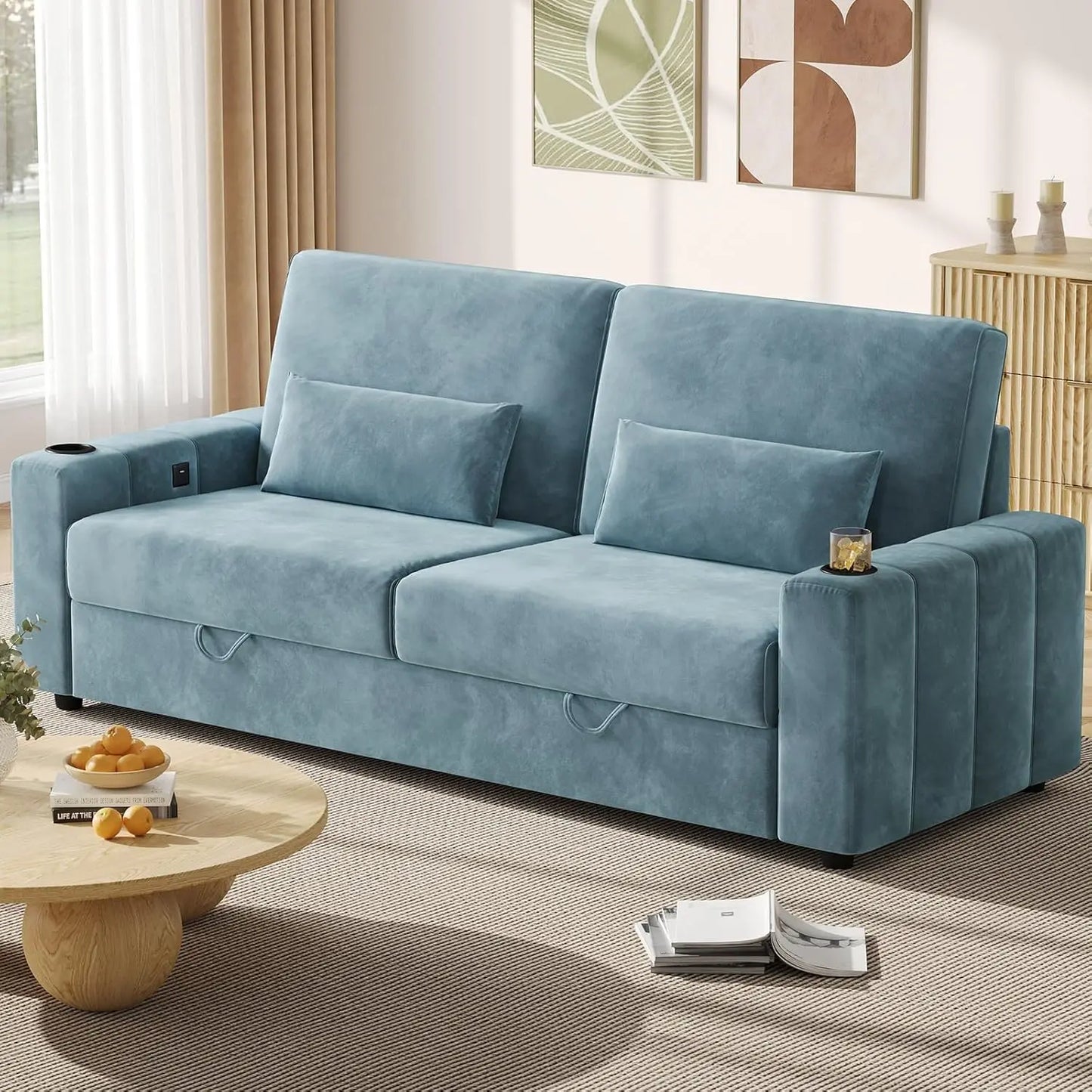 88 Inch Modern Velvet Recliner Sofa with Storage and Charging Ports
