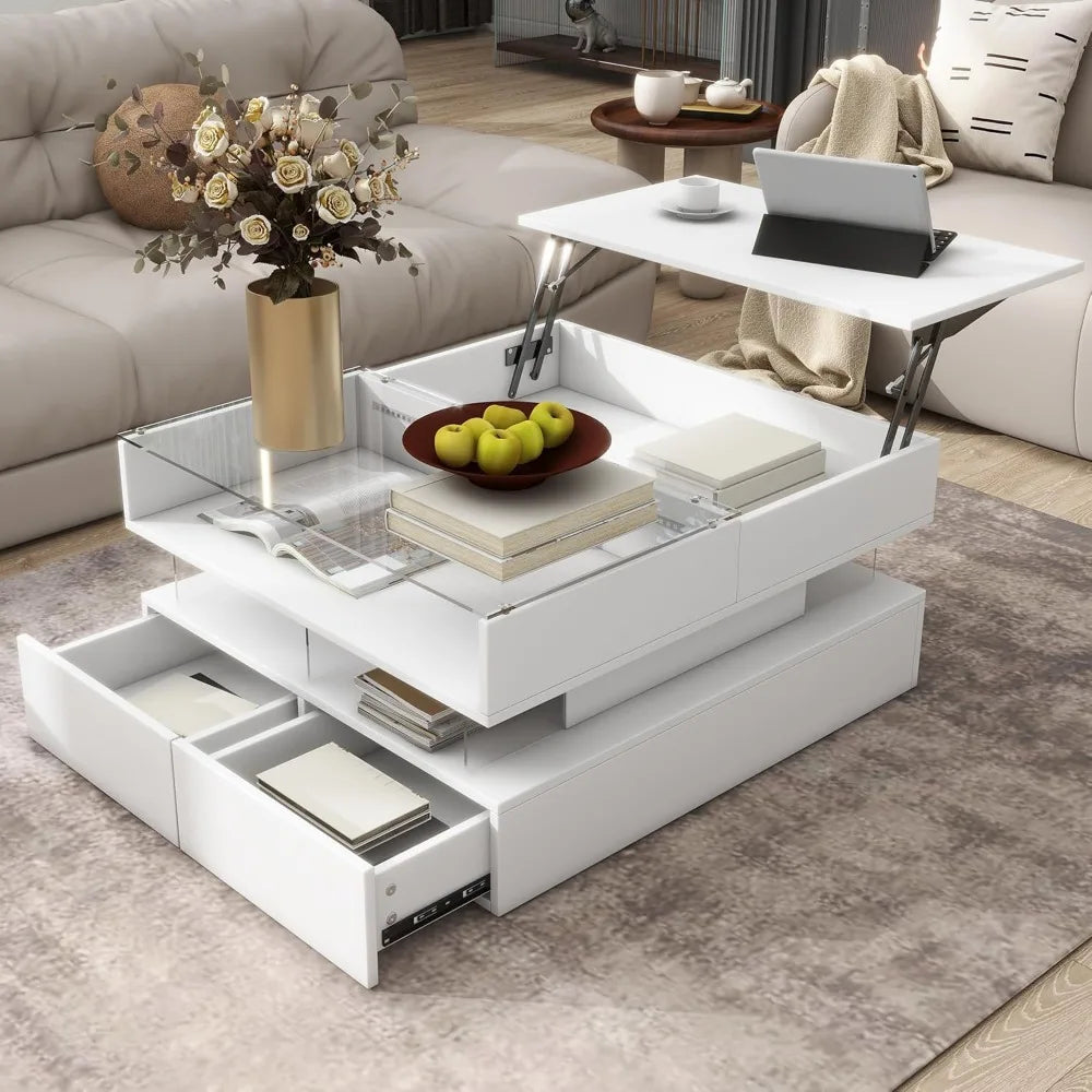 Modern Lift-Top Coffee Table High-Gloss Finish with Storage Drawers