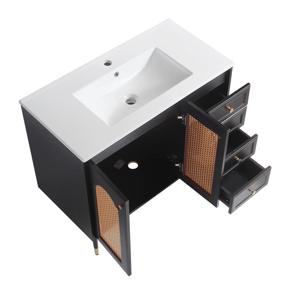 36 Inch Bathroom Vanity with Ceramic Basin Rattan Storage Cabinet