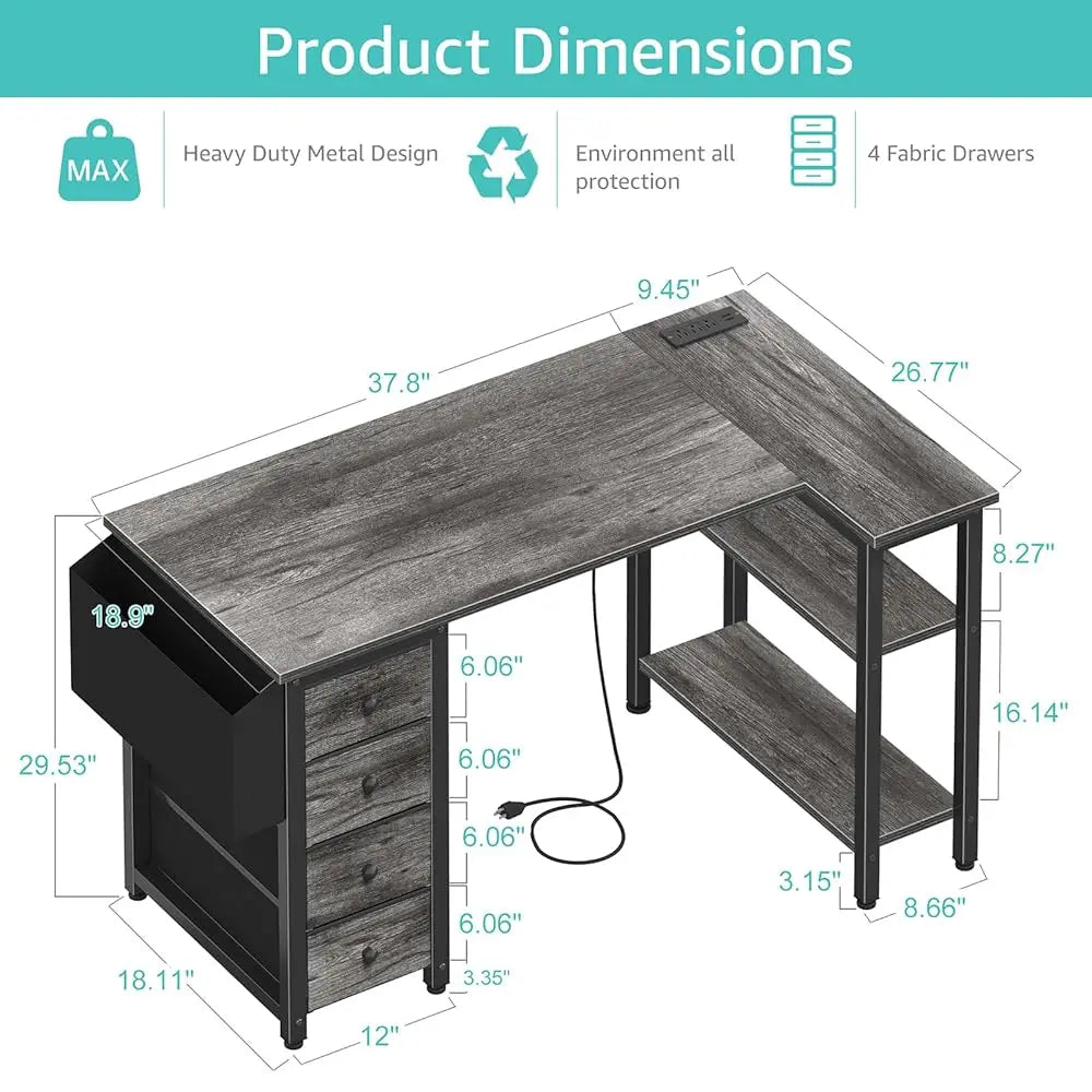 L Shaped Computer Desk with Drawers and Power Outlet for Home Office