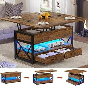 40 Inch Lift Top Coffee Table with Storage LED Light and Drawers