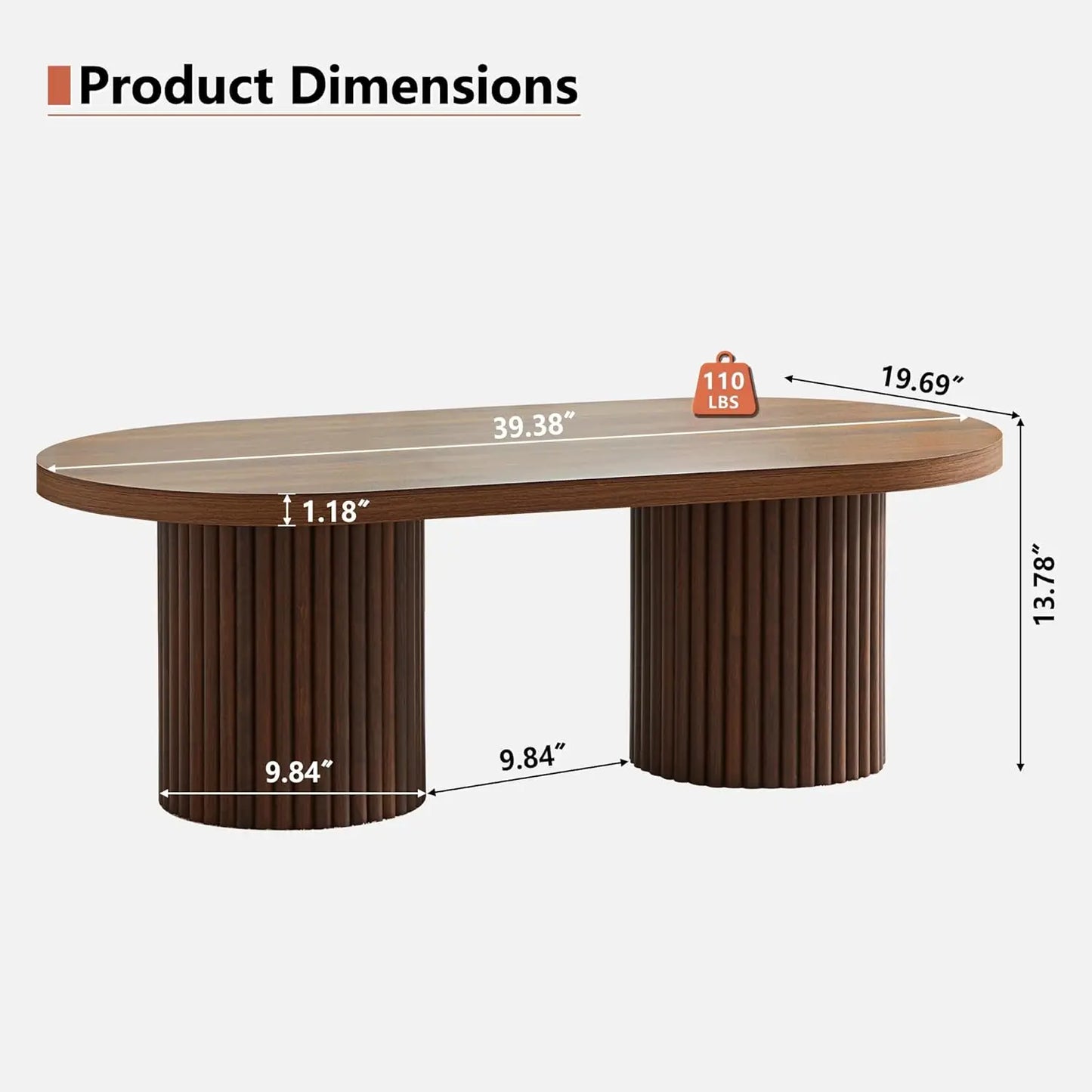 Oval Fluted Coffee Table Mid Century Modern Wooden Center Table Living Room