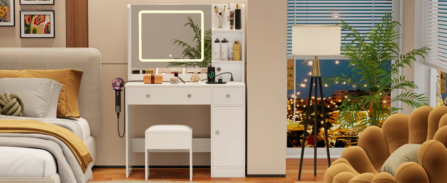 Satifur Vanity Desk with LED Mirror Power Outlets Makeup Stool Set