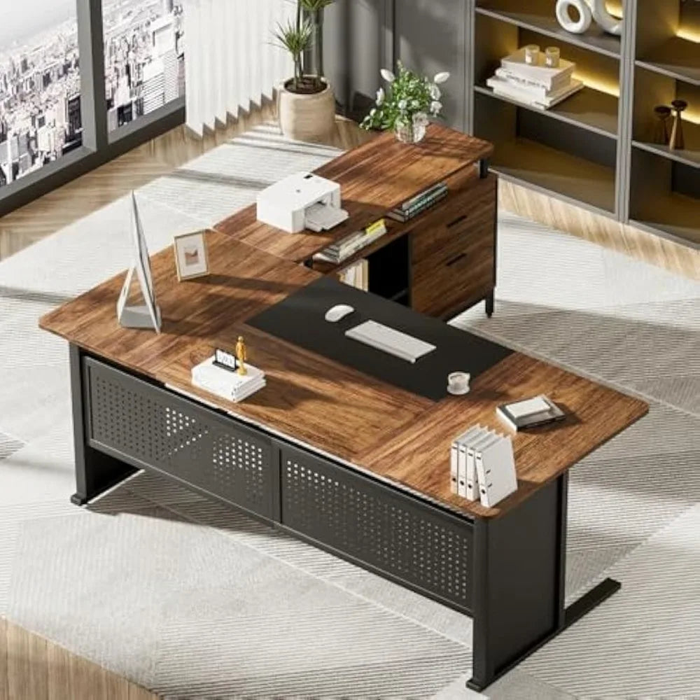 L-Shaped Executive Office Desk with File Drawer and Storage Shelves