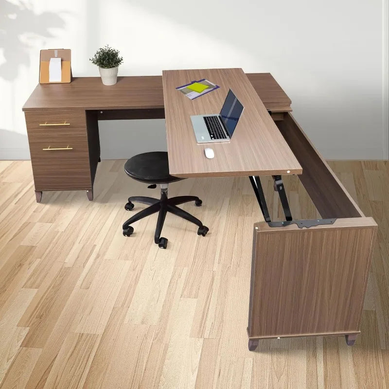 L-Shaped Ergonomic Home Office Desk Sit Stand with Storage Cabinet