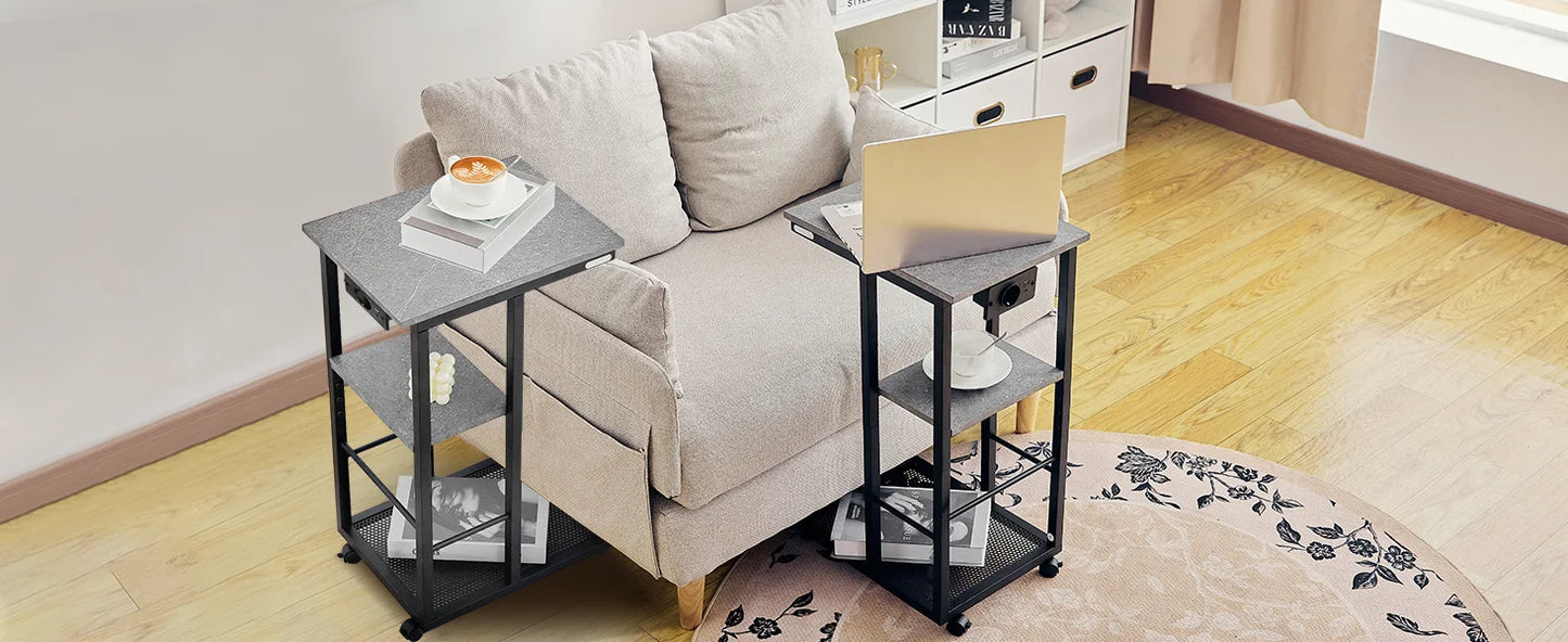 C Shaped End Table with Charging Station Rolling Wheels Small Space