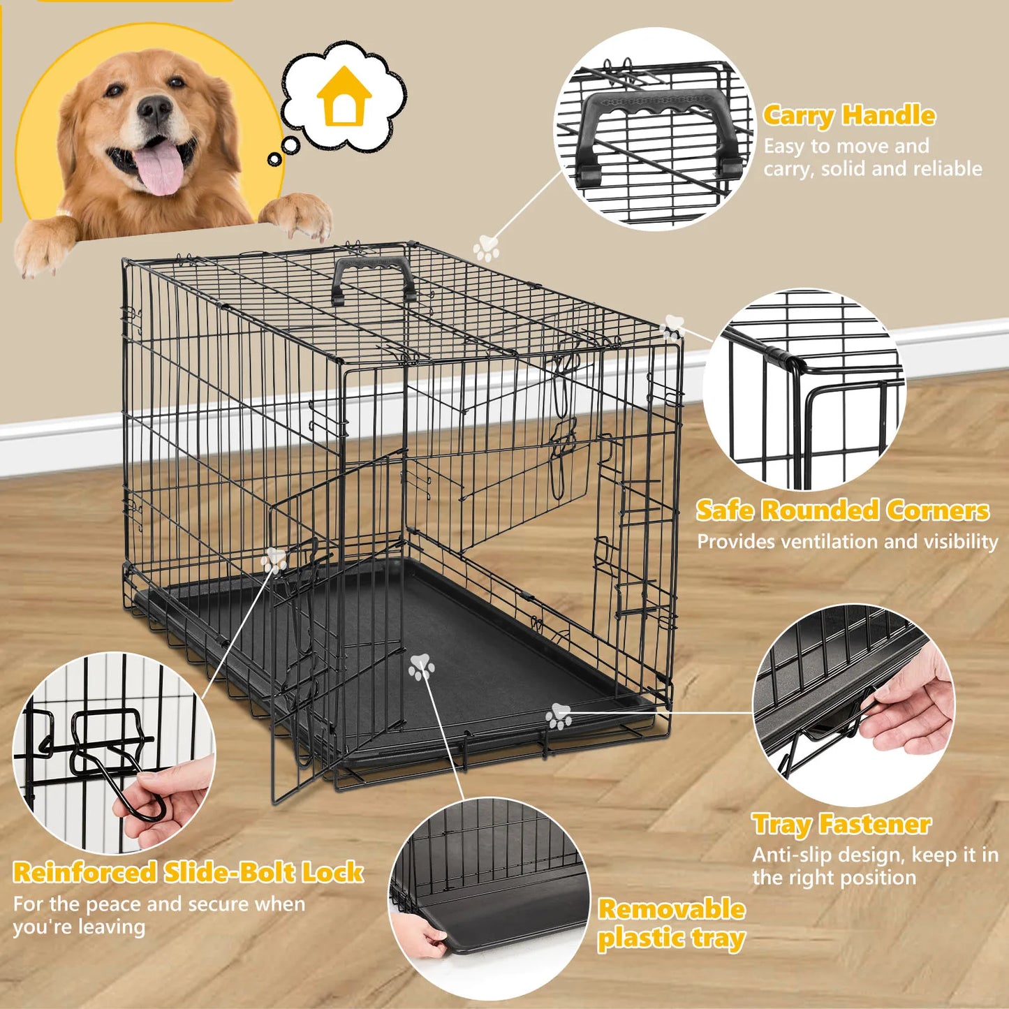 Extra Large Double Door Folding Metal Wire Dog Cage with Leak-Proof Tray
