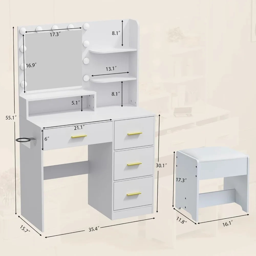 Makeup Vanity with Lights and Mirror White Vanity Desk with Storage