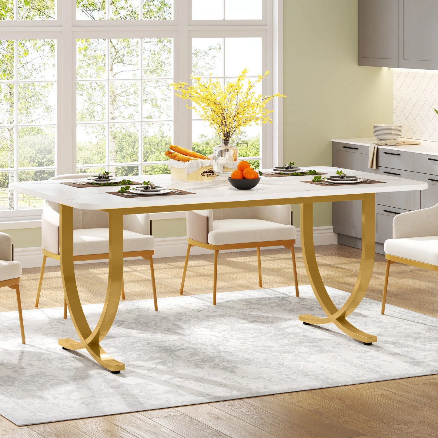 Ljustra 63 Inch Dining Table Rectangular Kitchen Faux Marble Modern Design
