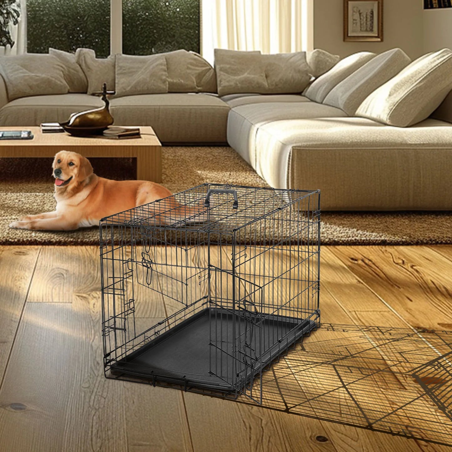 Extra Large Double Door Folding Metal Wire Dog Cage with Leak-Proof Tray
