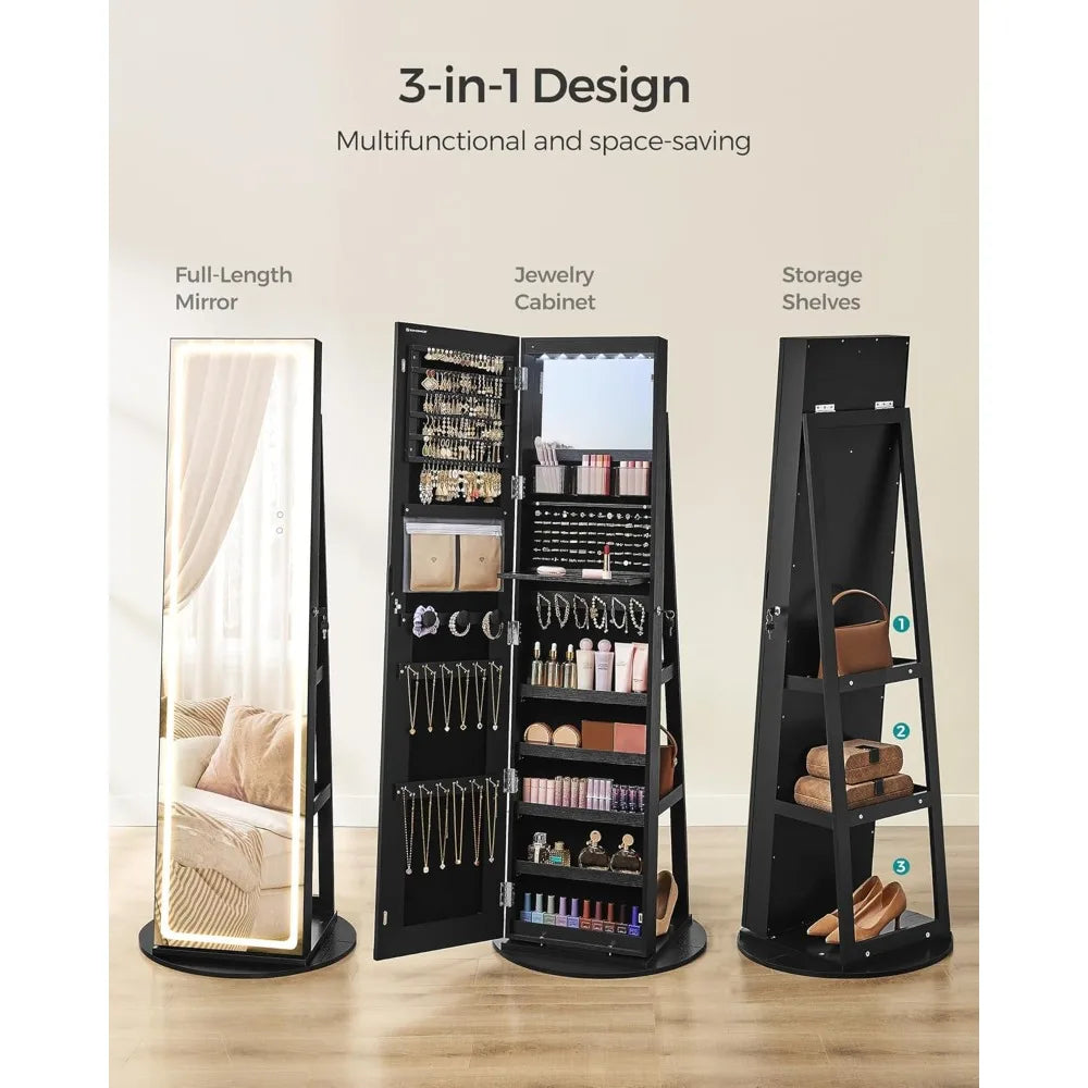 Standing LED Jewelry Cabinet with Lockable Armoire Full-Length Mirror