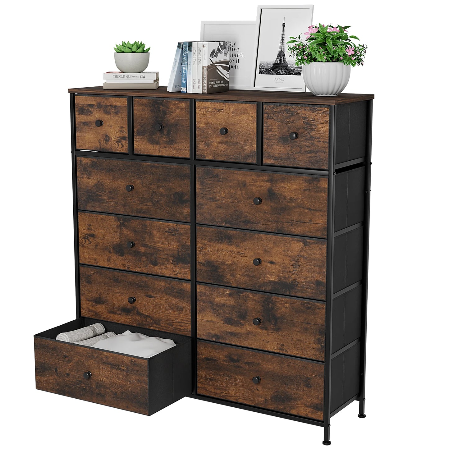 **** Chest of Drawers Fabric Storage 8/12 Drawers Wooden Top Metal Frame