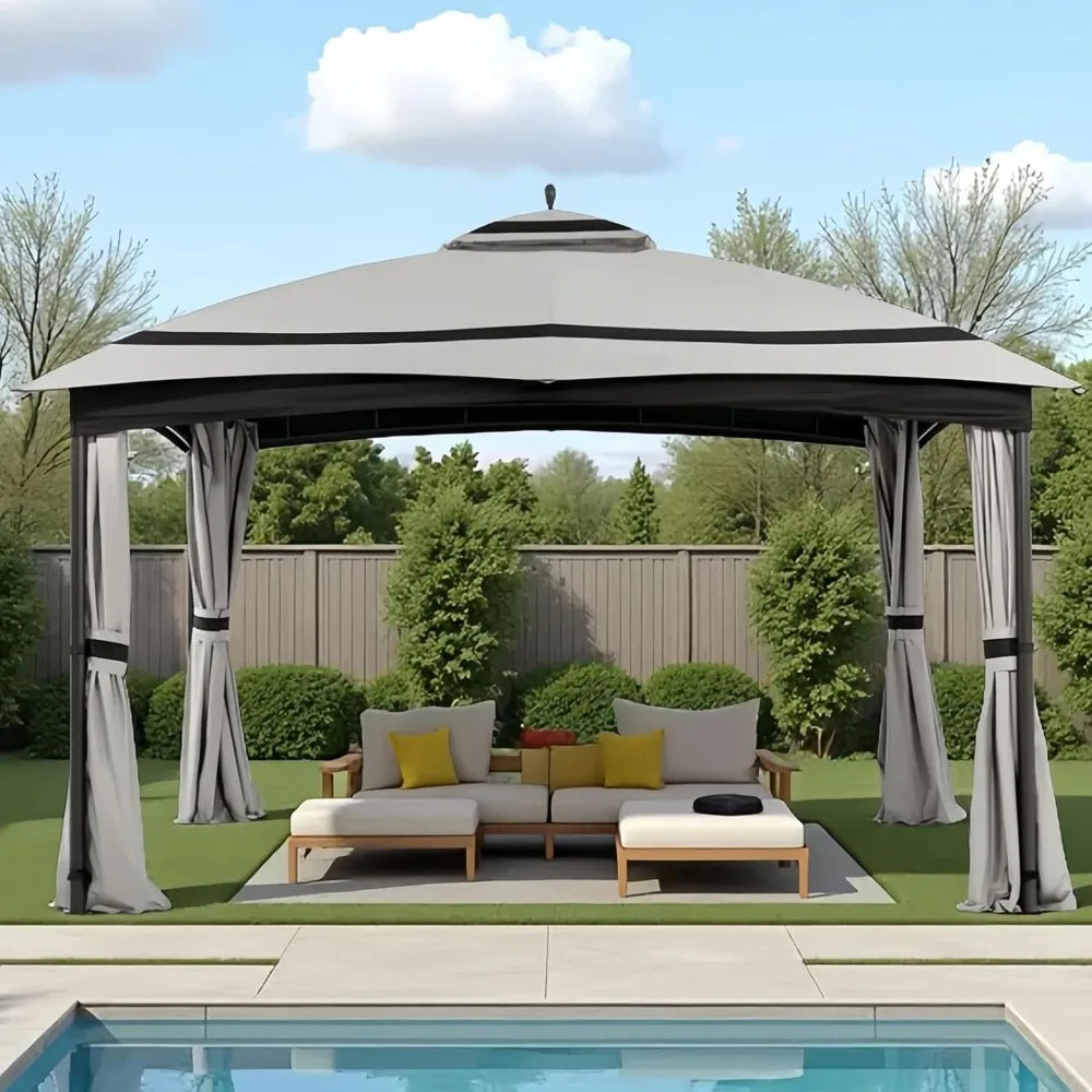 11x13ft Patio Gazebo with Curtains Sandbags Double Tier Roof Canopy