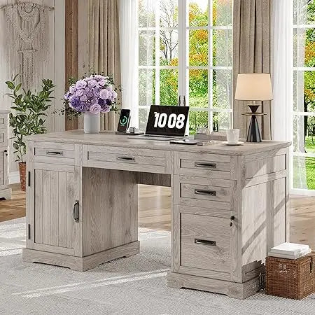 55 Inch Farmhouse Desk with Drawers Charging Station for Home Office