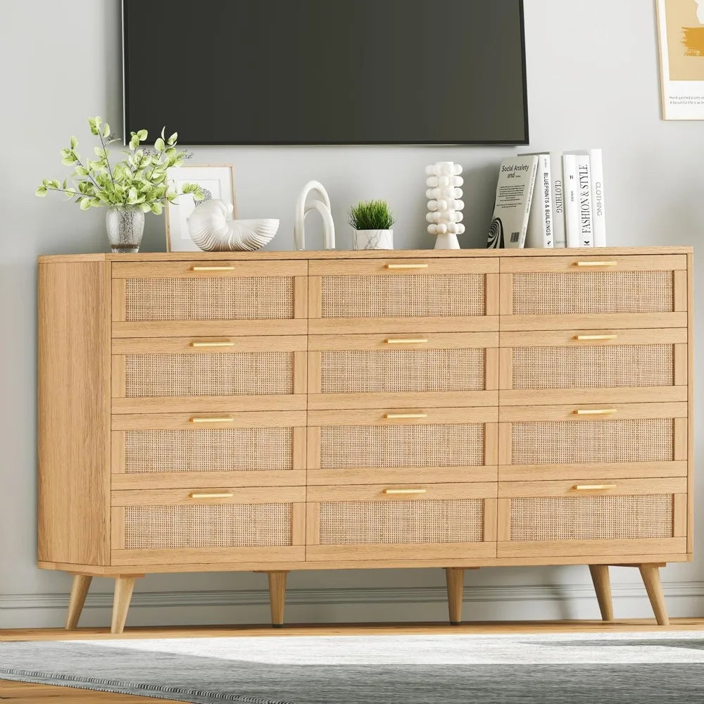 12 Drawer Double Dresser for Bedroom, Rattan Chest of Dressers, Modern Wooden Dresser Chest with Golden Handles, Beside Table f