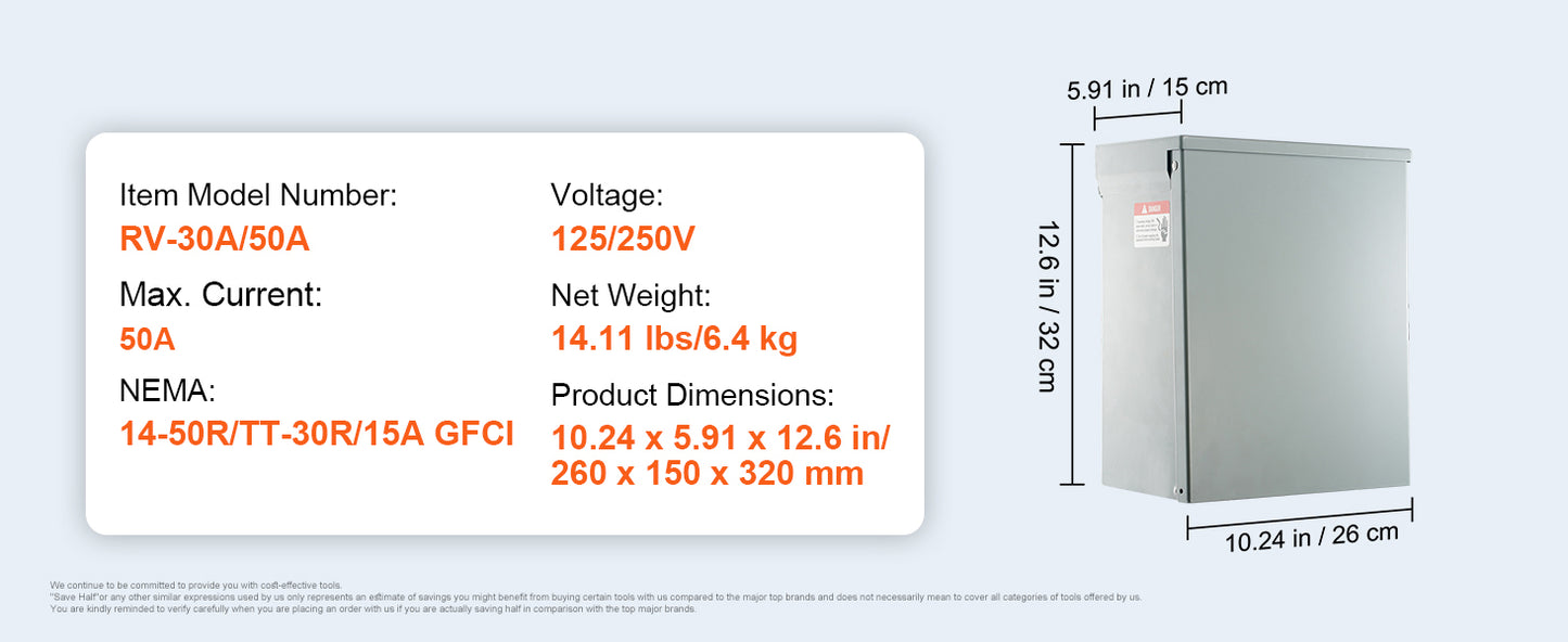 SucceBuy RV Power Outlet Box 20A 30A 50A Temporary Power 125V 250V