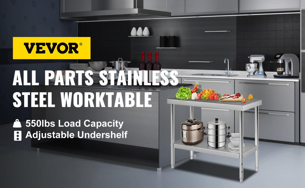 VEVOR Stainless Steel Prep Table Heavy Duty Adjustable Undershelf 550lbs