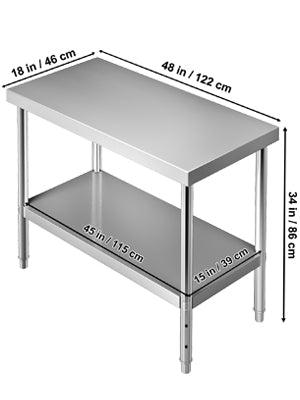 VEVOR Stainless Steel Prep Table Heavy Duty Adjustable Undershelf 550lbs