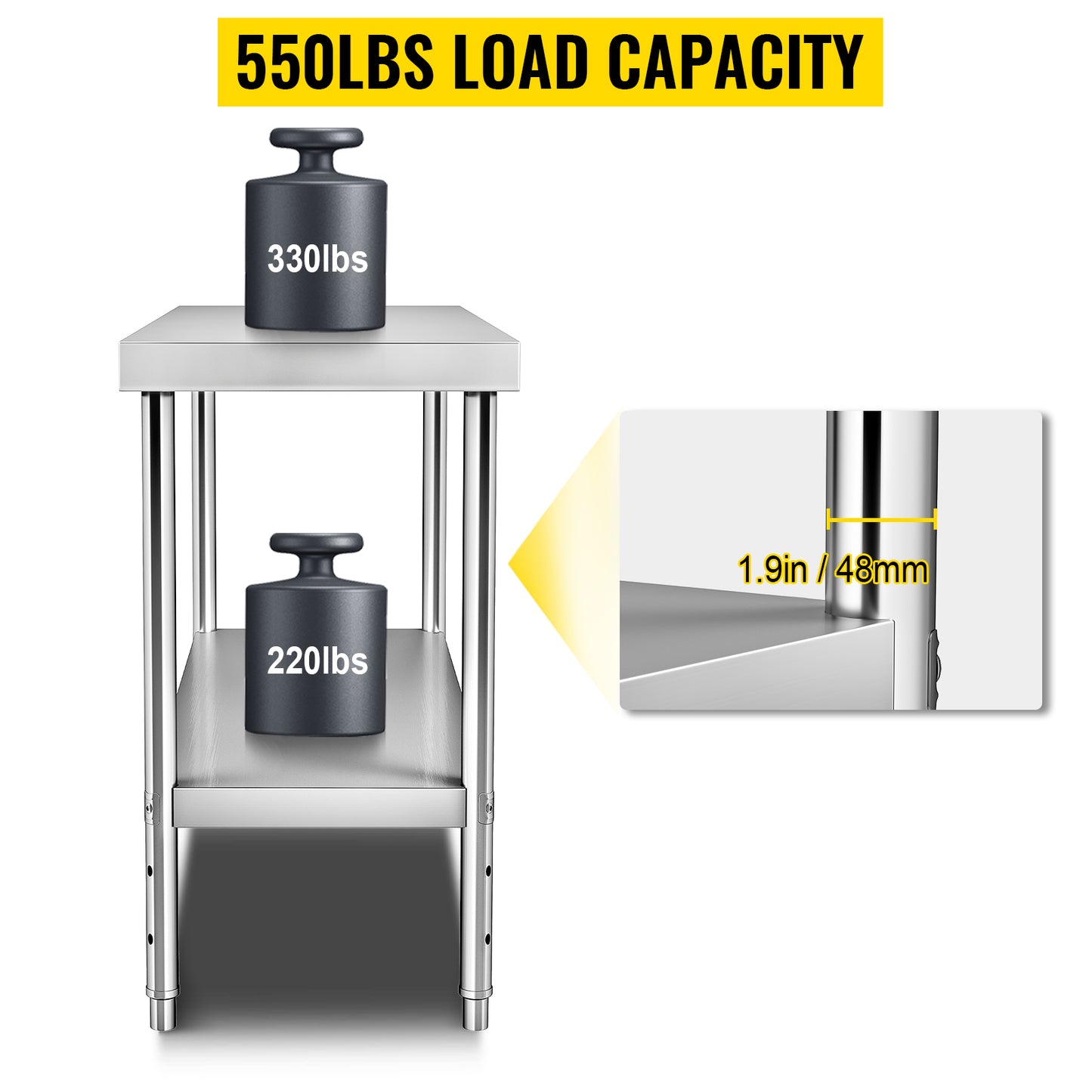 VEVOR Stainless Steel Prep Table Heavy Duty Adjustable Undershelf 550lbs