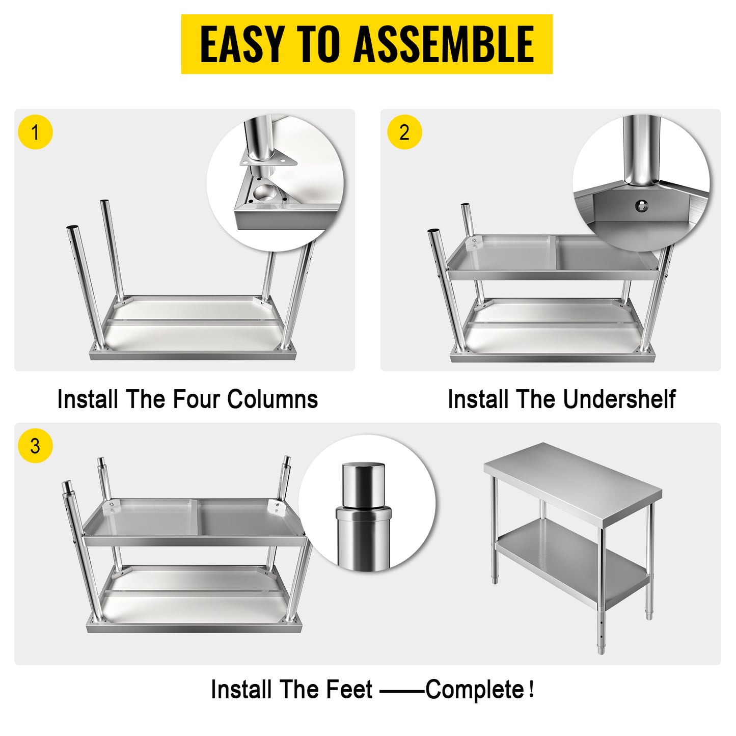 VEVOR Stainless Steel Prep Table Heavy Duty Adjustable Undershelf 550lbs