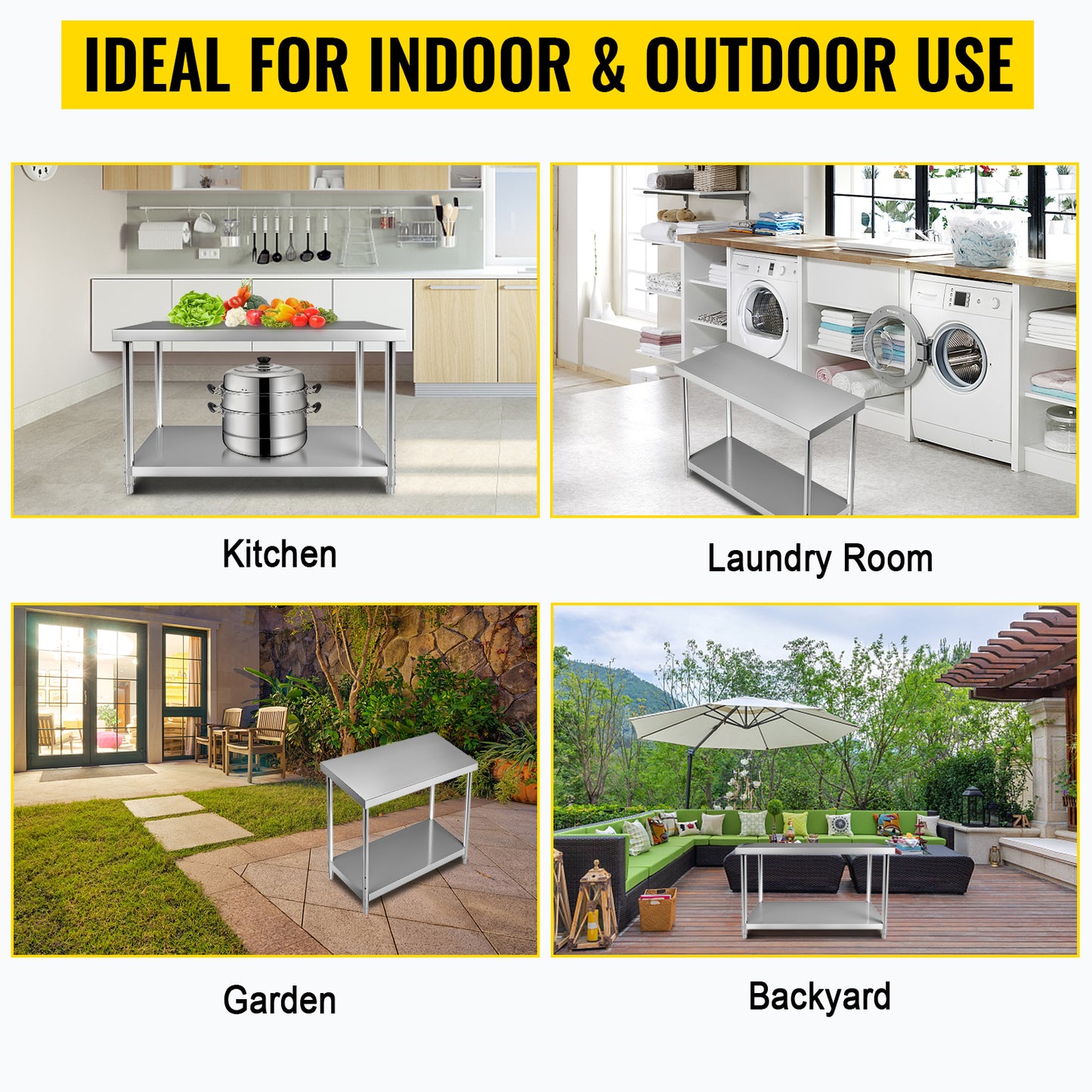 VEVOR Stainless Steel Prep Table Heavy Duty Adjustable Undershelf 550lbs