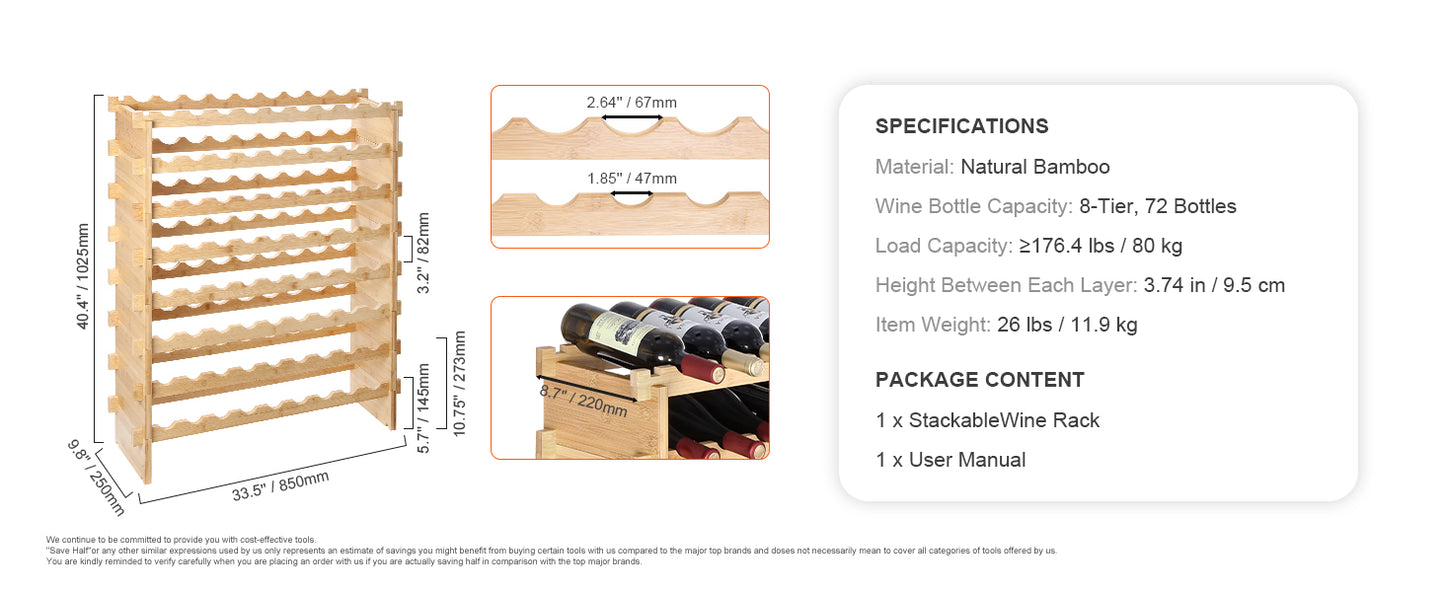 Ljustra Stackable Modular Bamboo Wine Rack for 48 72 Bottles Storage