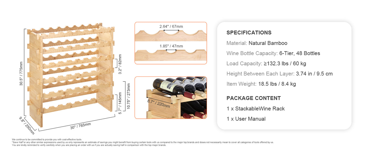 Ljustra Stackable Modular Bamboo Wine Rack for 48 72 Bottles Storage