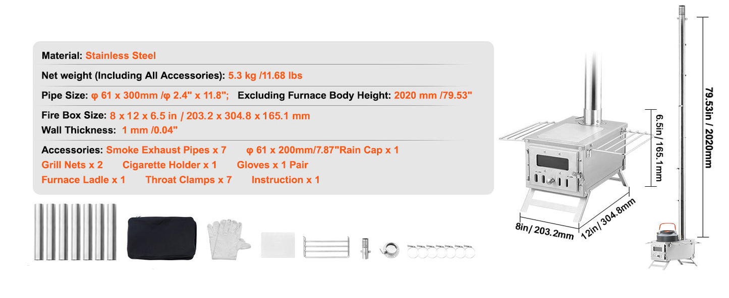 Portable Stainless Steel Camping Wood Stove with Chimney Pipes Gloves