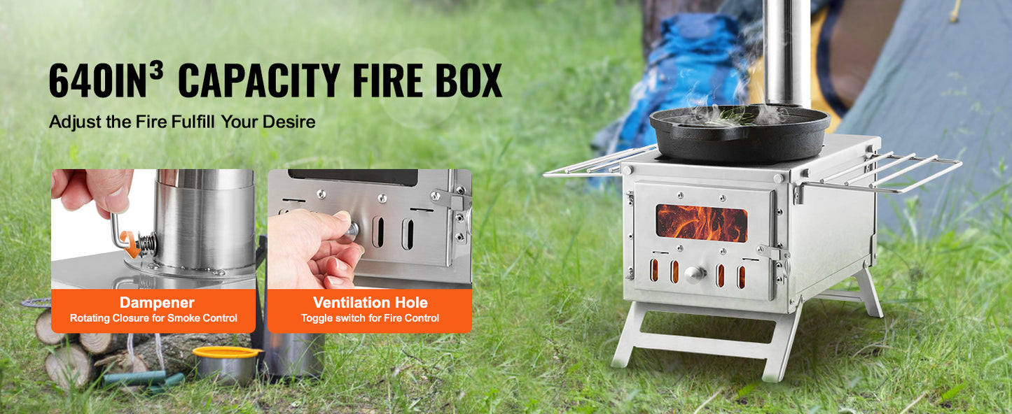 Portable Stainless Steel Camping Wood Stove with Chimney Pipes Gloves