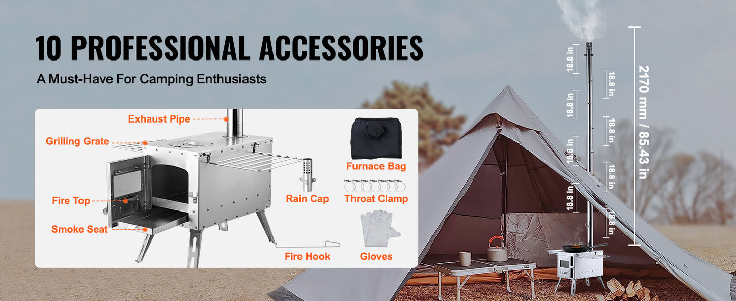 Ljustra Portable Camping Wood Stove Stainless Steel 86in Chimney