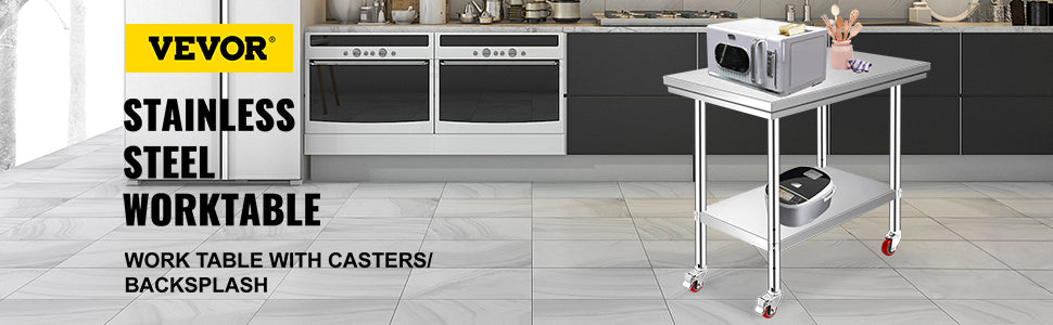 VEVOR Stainless Steel Kitchen Worktable with Caster Wheels for Storage