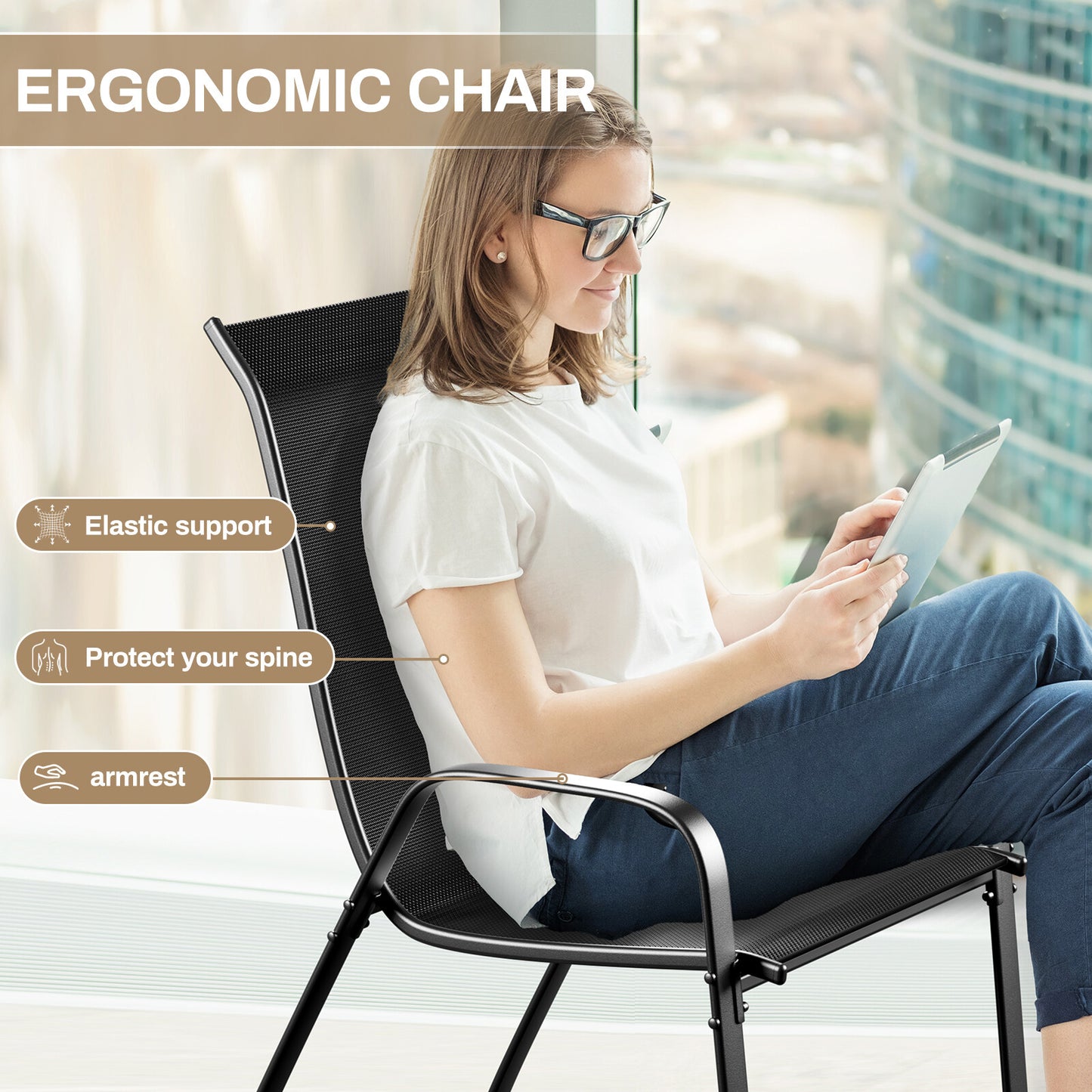 Stackable Outdoor Dining Chairs Set of 6 High Back Garden Chairs