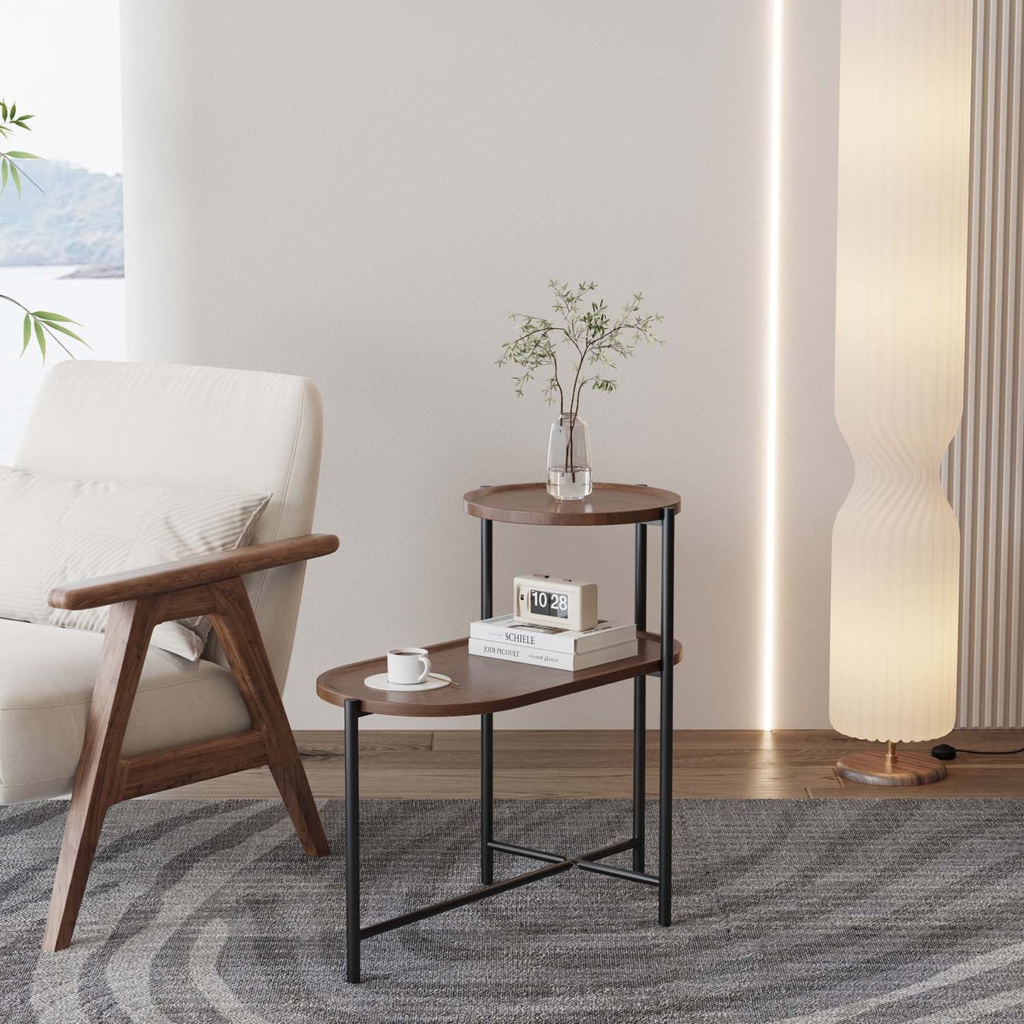 2-Tier End Table Round and Oval Sofa Side Table Overbed Bedside Table for Patio and Living Room Bedroom Medical Food Tray Table