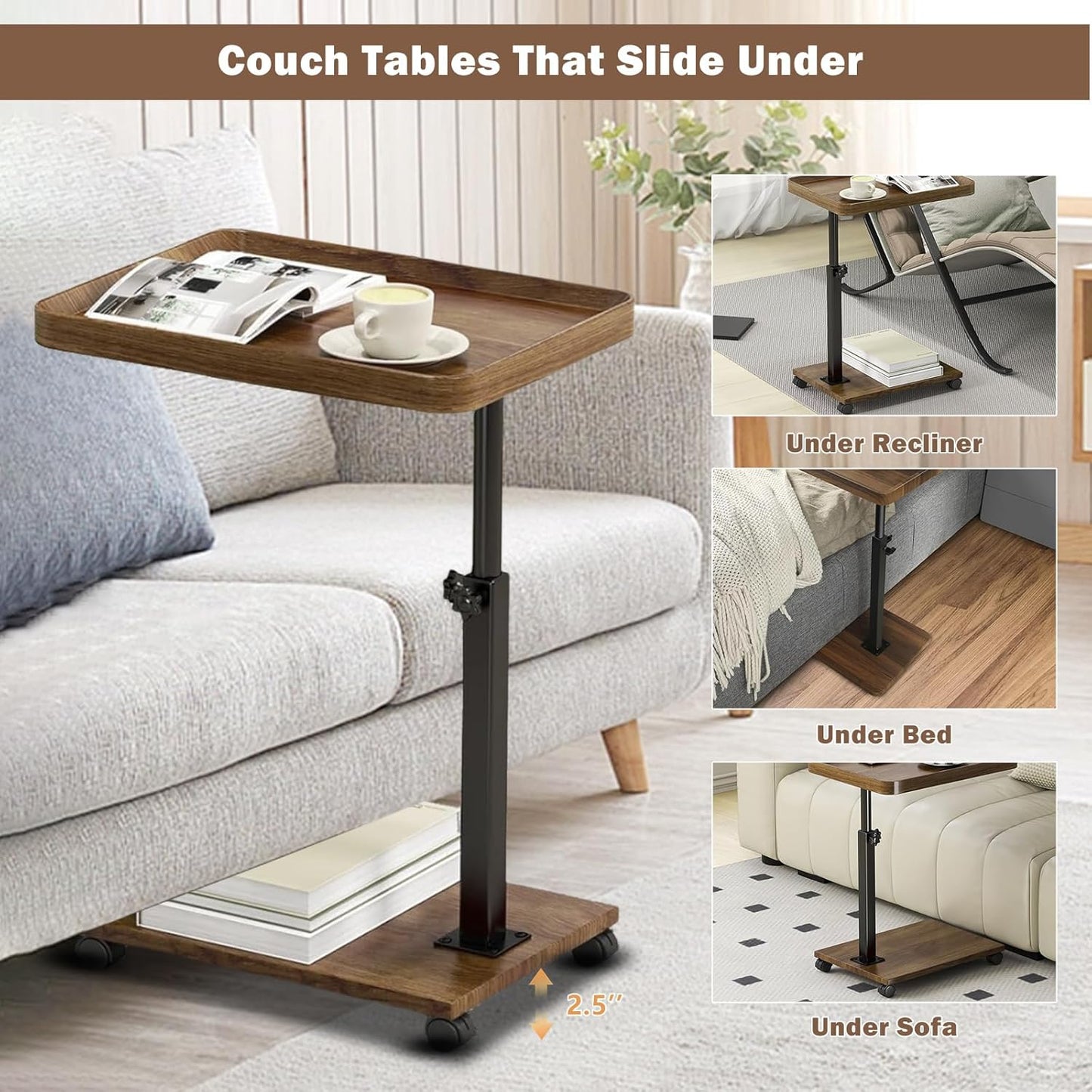 Adjustable Rolling Bedside Table Laptop Desk Portable Sofa Tray Cart