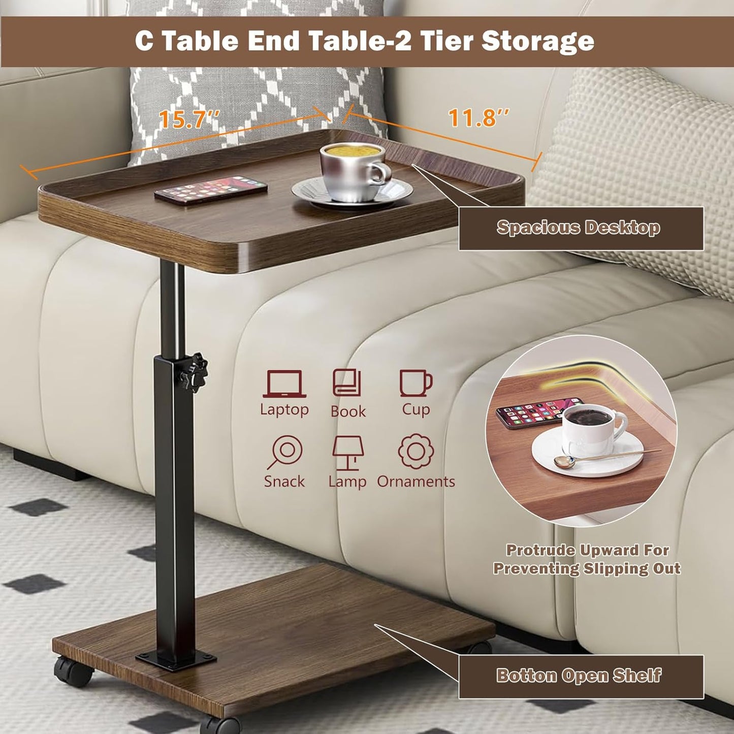 Adjustable Rolling Cart Overbed Bedside Table Laptop Desk Side Tray Table